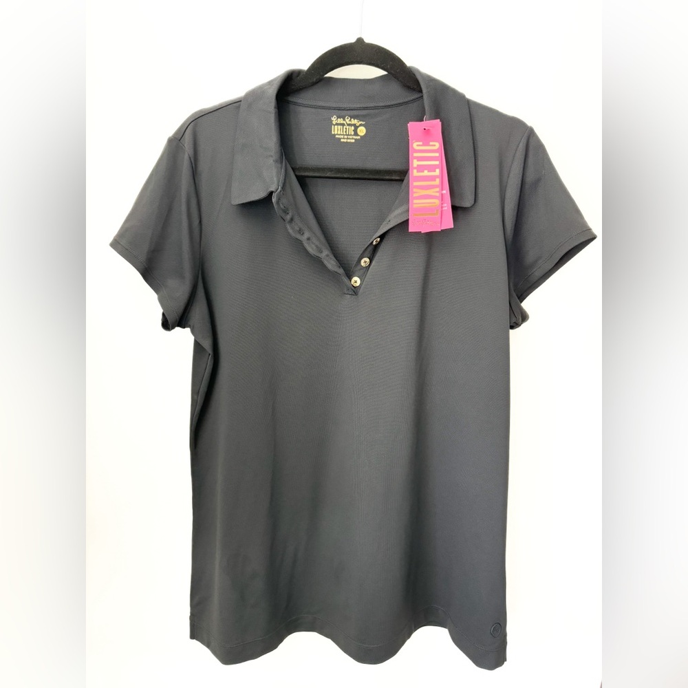 Lily Pulitzer Luxletic Frida Scallop polo. UPF50+ Black